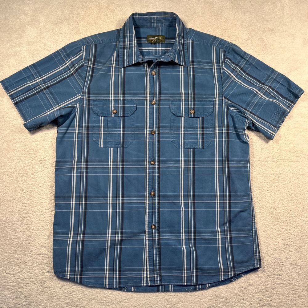 Vintage Y2K Eddie Bauer Plaid Camp Shirt Short Sleeve Button Up Outdoor Blue M‎